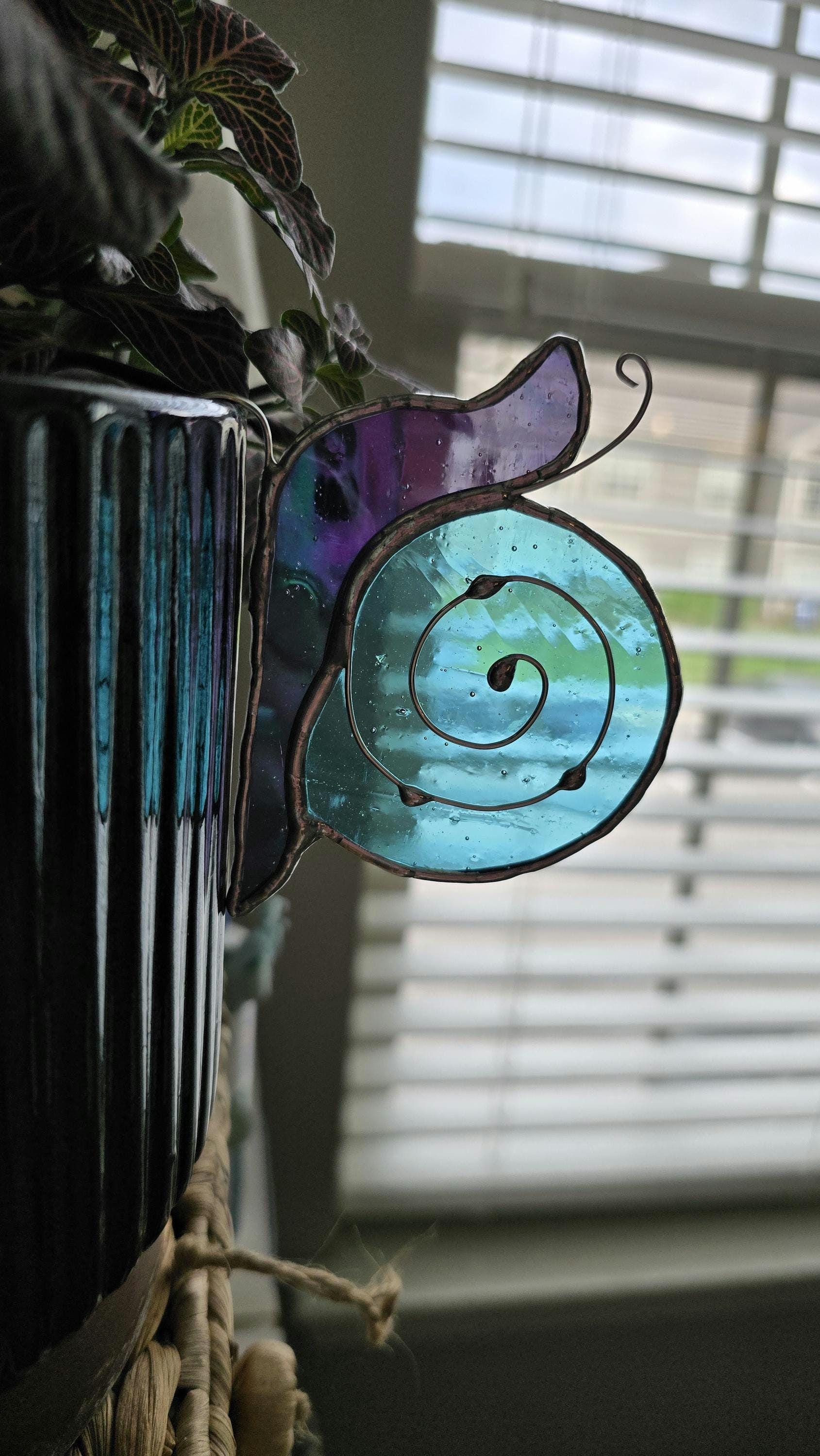 Handcrafted Stained Glass Snail Plant Charm for Indoor Plant Pot - blue/purple