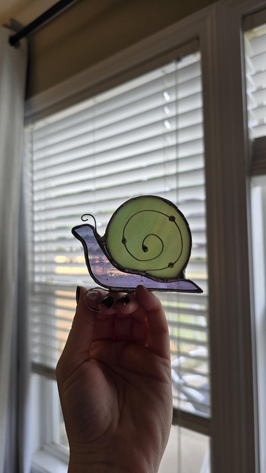 Handcrafted Stained Glass Snail Plant Charm for Indoor Plant Pot - green/purple