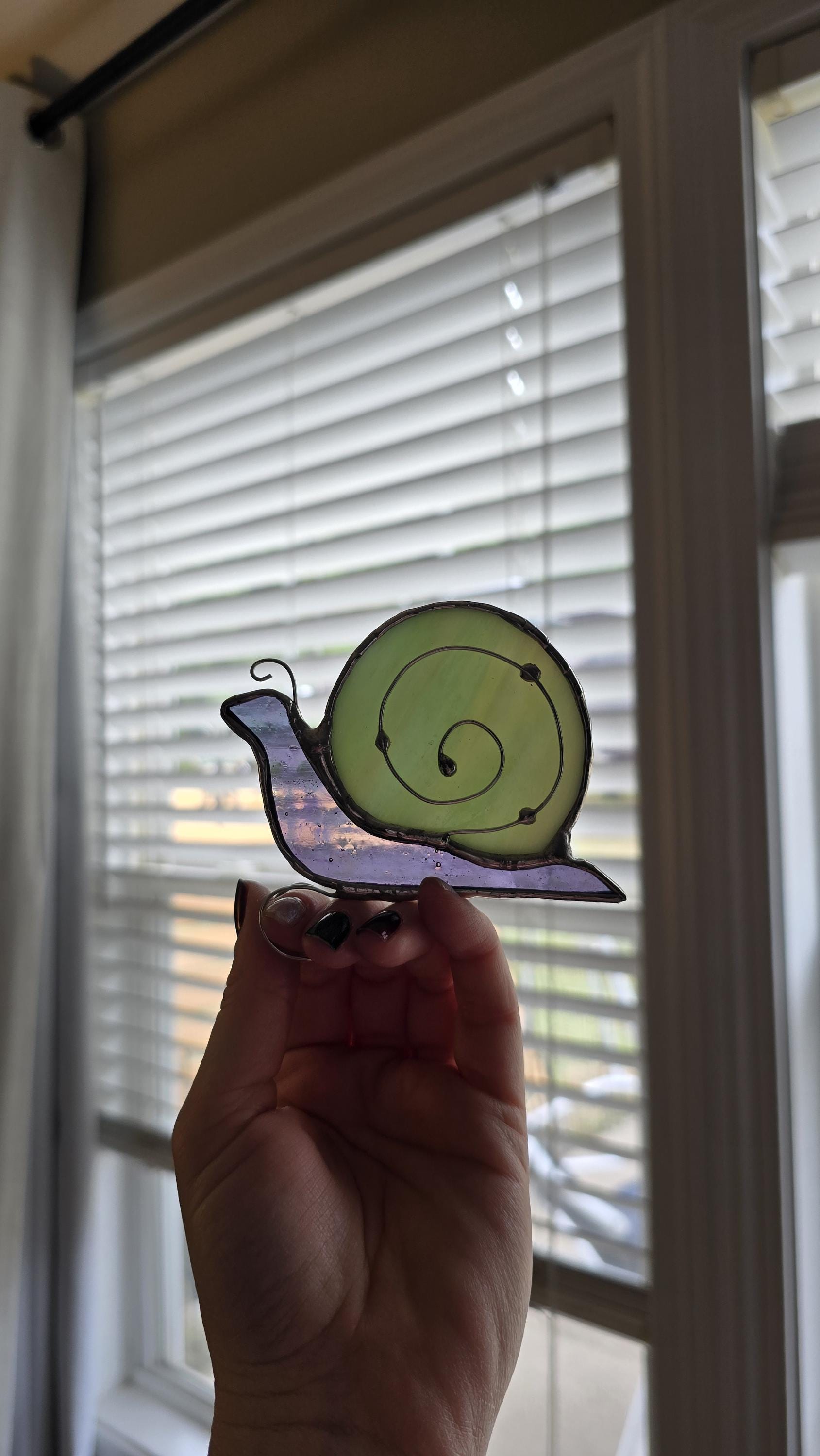 Handcrafted Stained Glass Snail Plant Charm for Indoor Plant Pot - green/purple