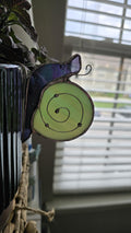Handcrafted Stained Glass Snail Plant Charm for Indoor Plant Pot - green/purple