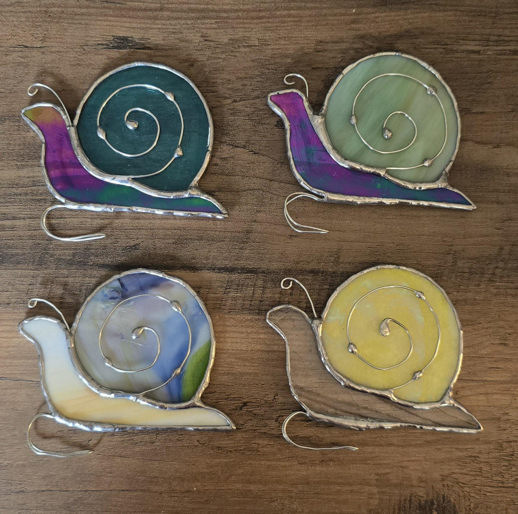 Handcrafted Stained Glass Snail Plant Charm for Indoor Plant Pot - blue/purple