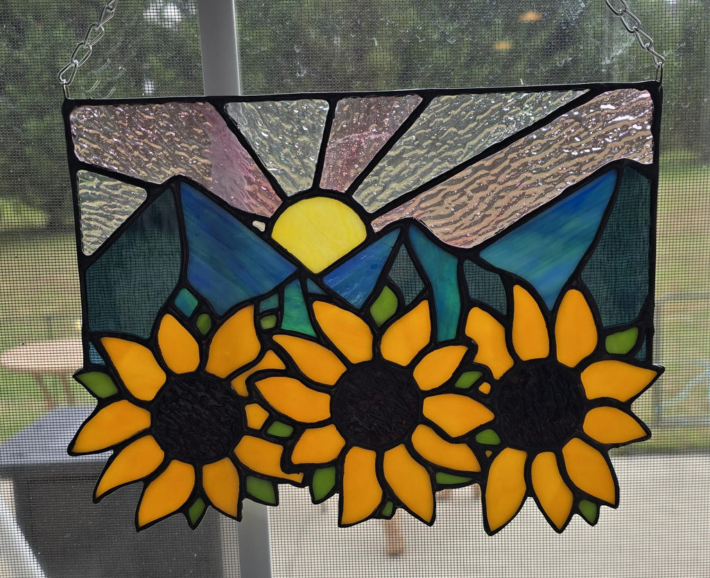 Handcrafted Stained Glass Suncatcher Sunflowers and Mountains Made to Order
