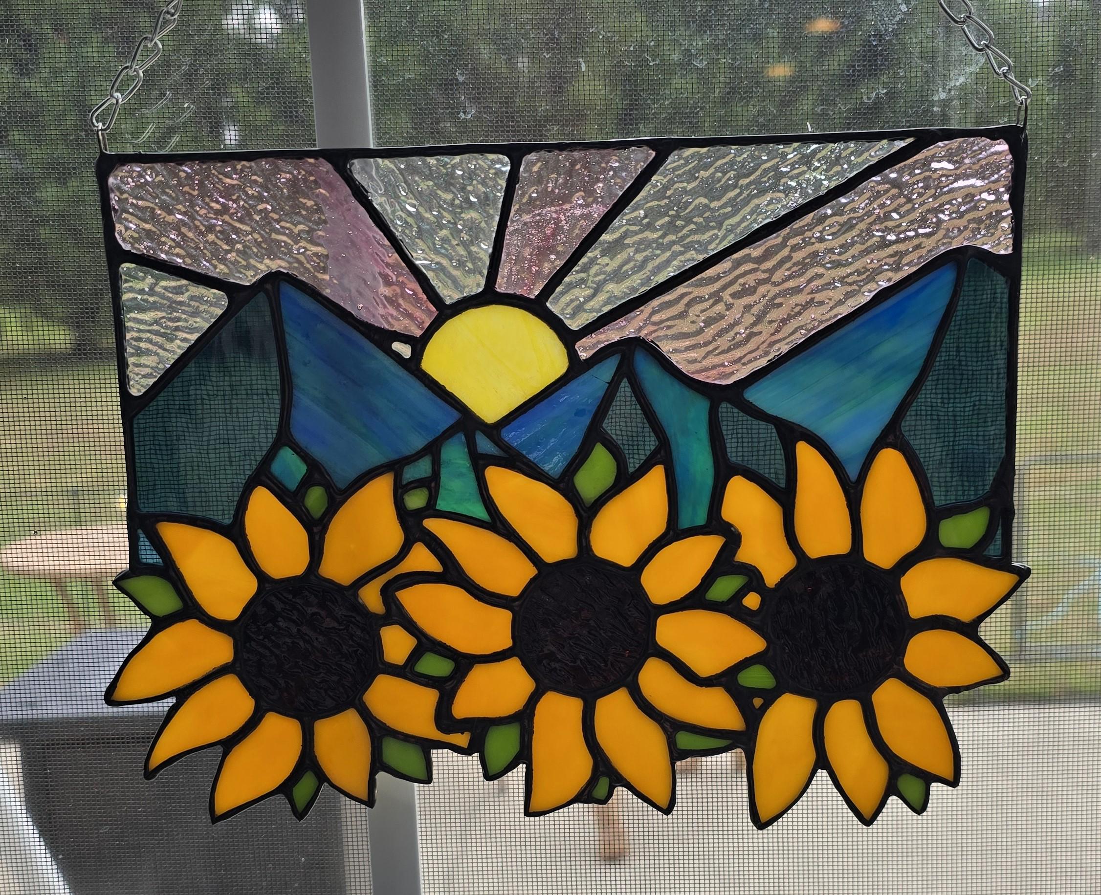 Handcrafted Stained Glass Suncatcher Sunflowers and Mountains Made to Order