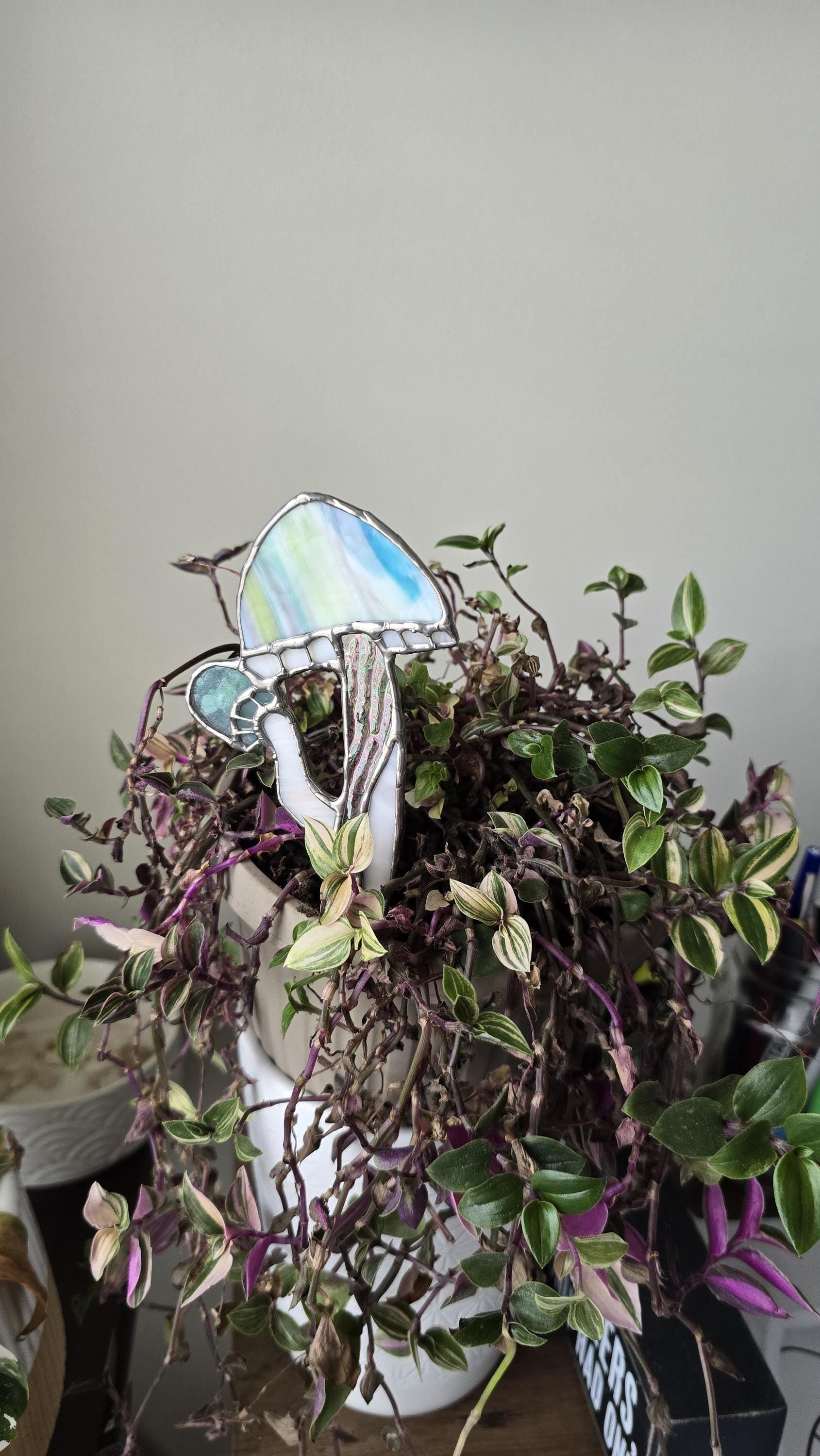 Handcrafted Stained Glass Plant Charm Mushroom - pastel/clear
