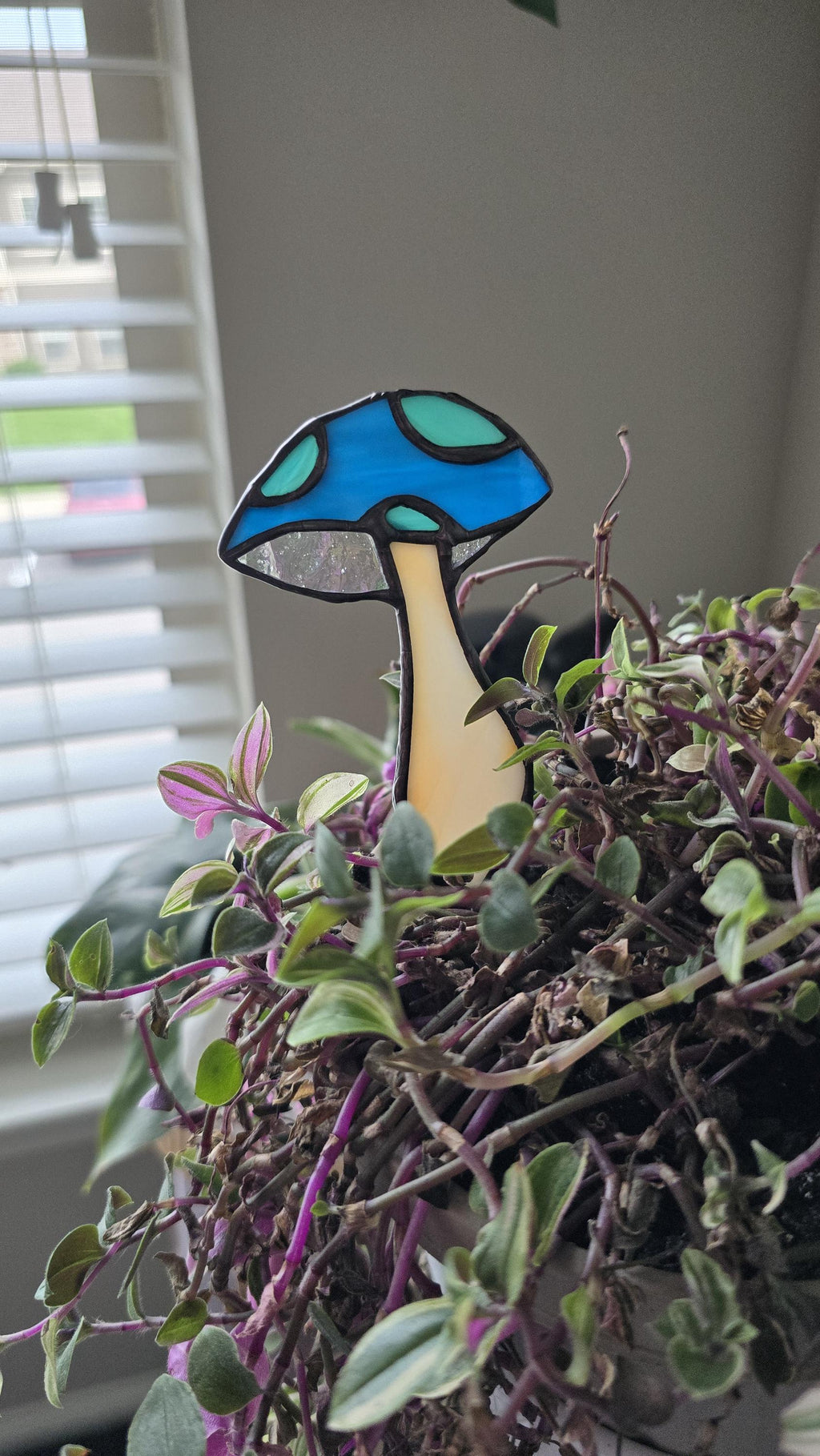 Handcrafted Stained Glass Plant Charm Mushroom - blue/green/orange