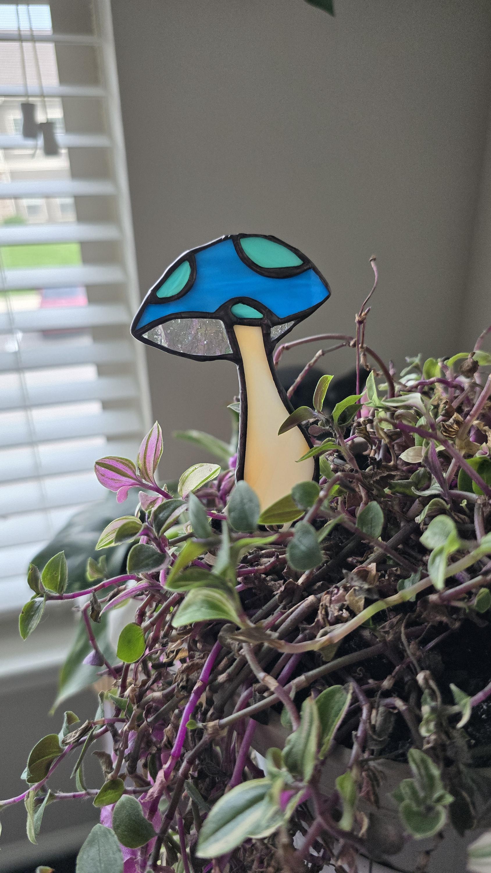 Handcrafted Stained Glass Plant Charm Mushroom - blue/green/orange