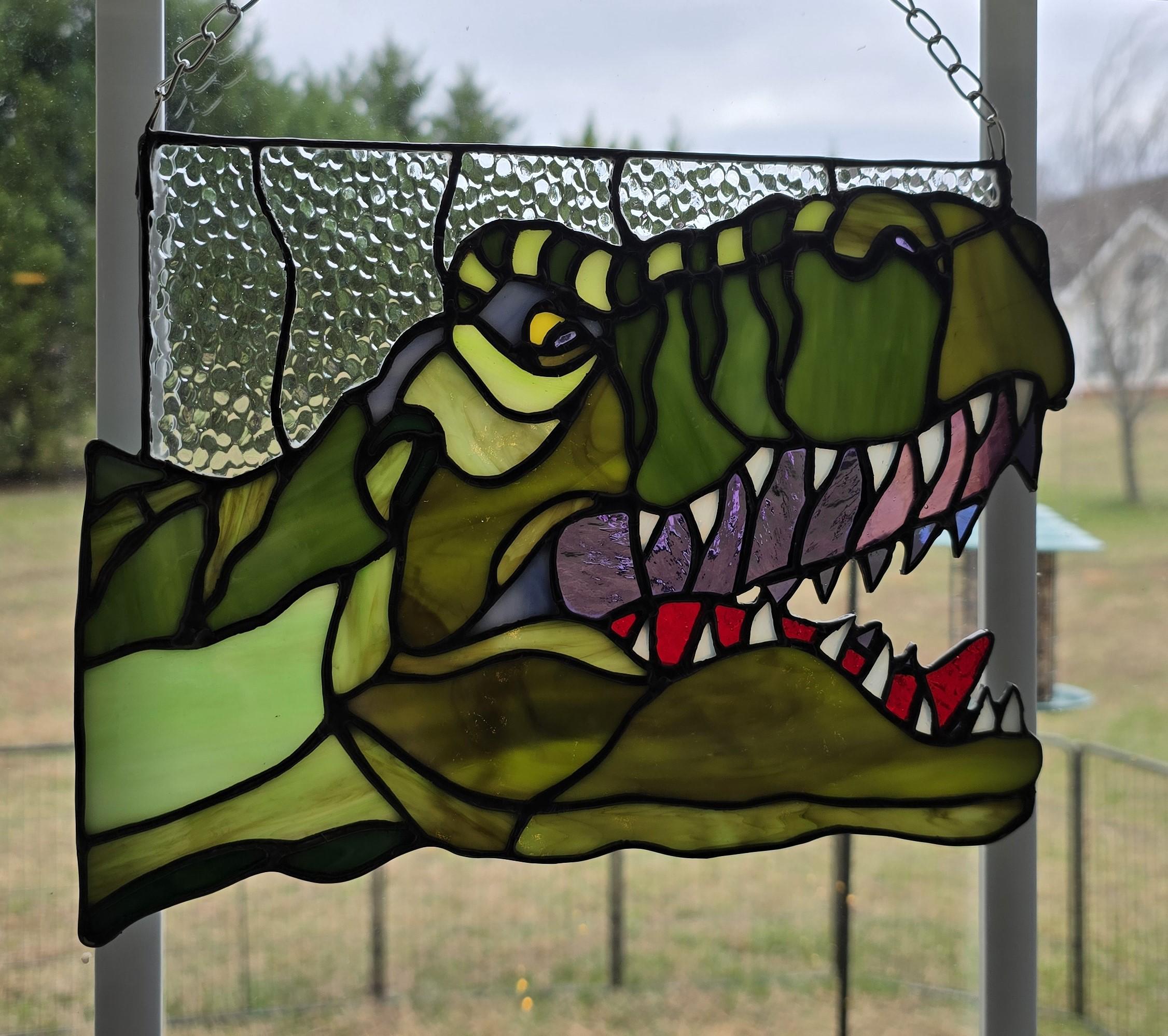 Handcrafted Stained Glass T-Rex Dinosaur Sun Catcher - Made to Order