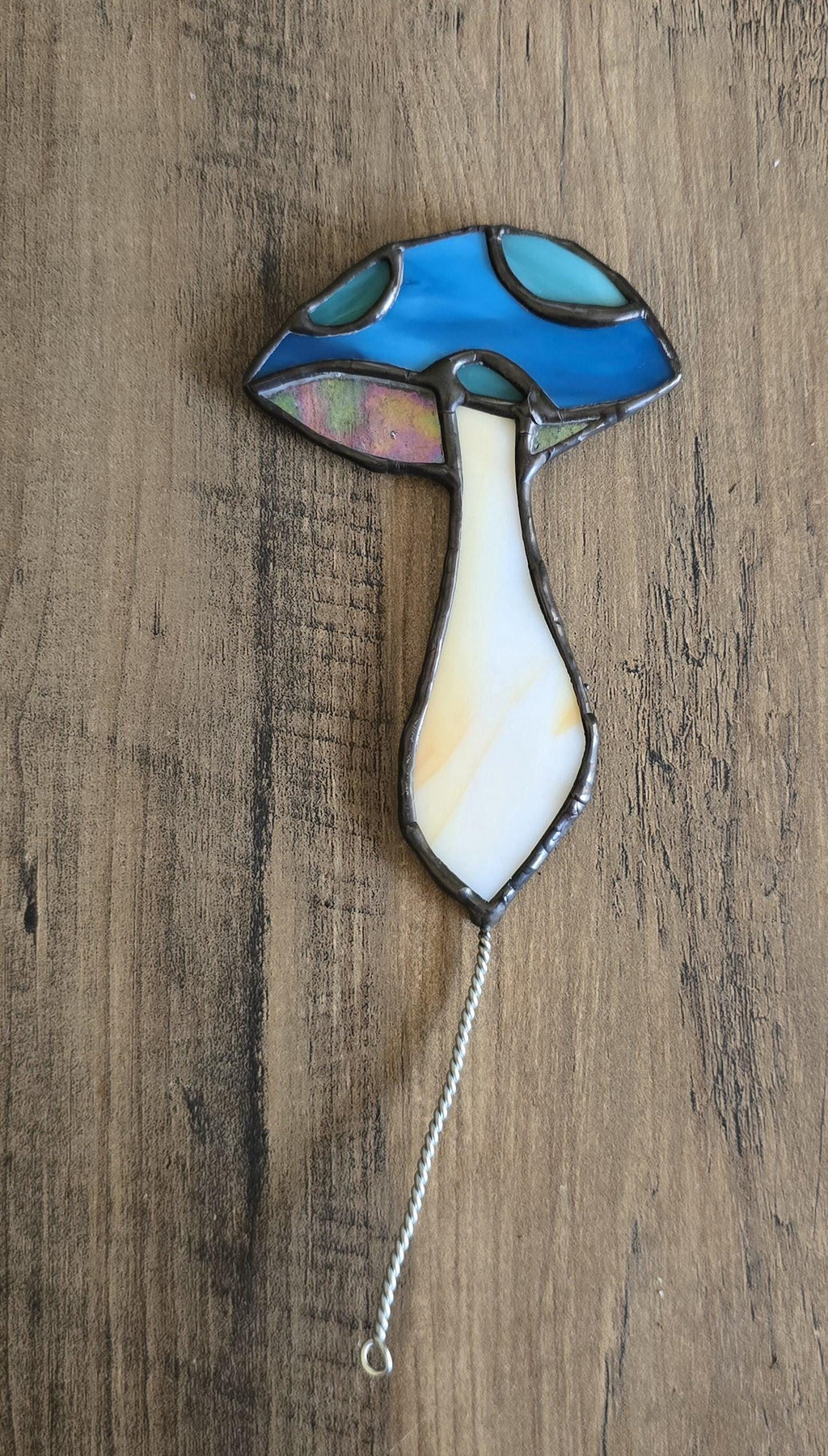 Handcrafted Stained Glass Plant Charm Mushroom - blue/green/orange