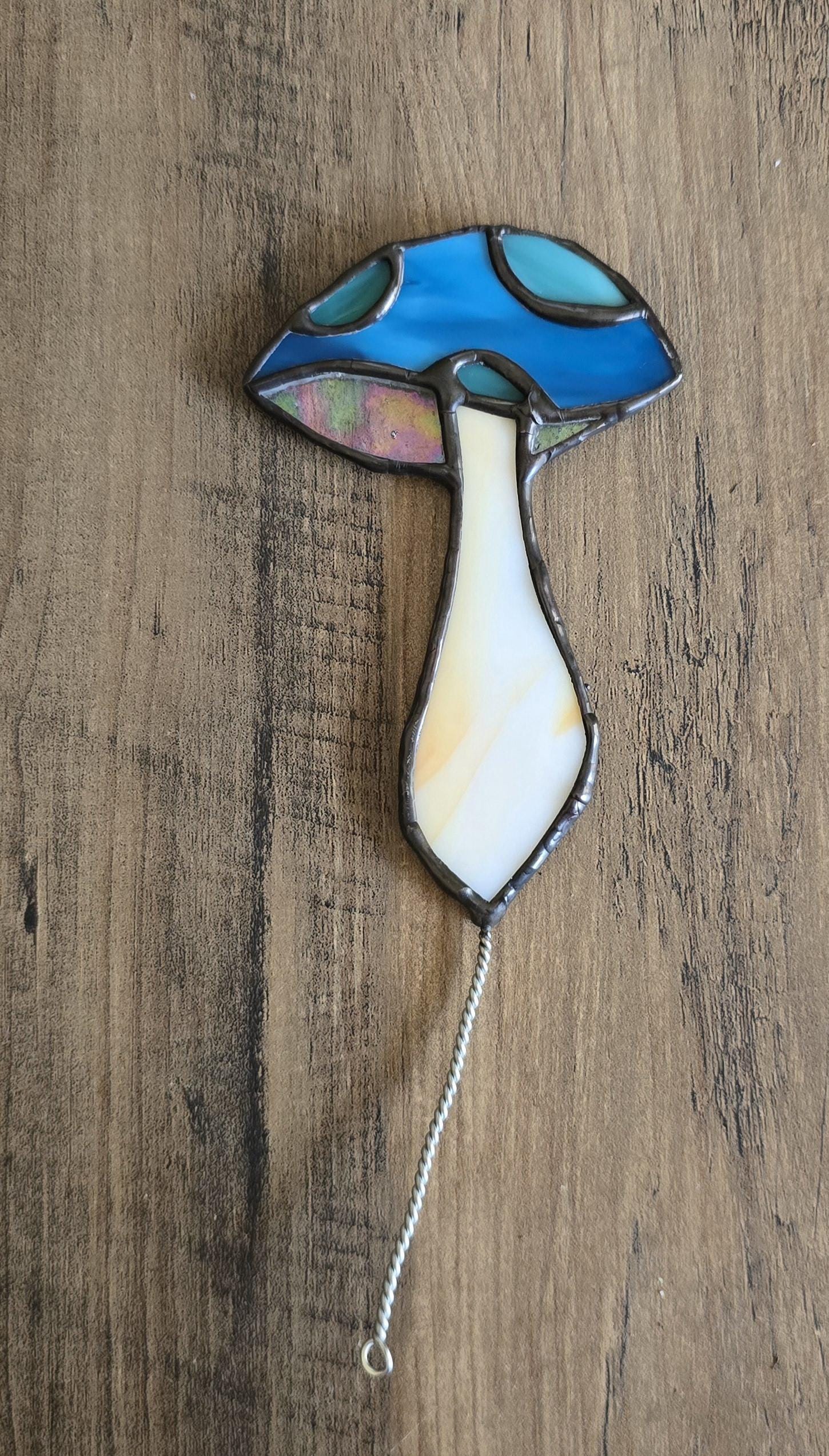 Handcrafted Stained Glass Plant Charm Mushroom - blue/green/orange