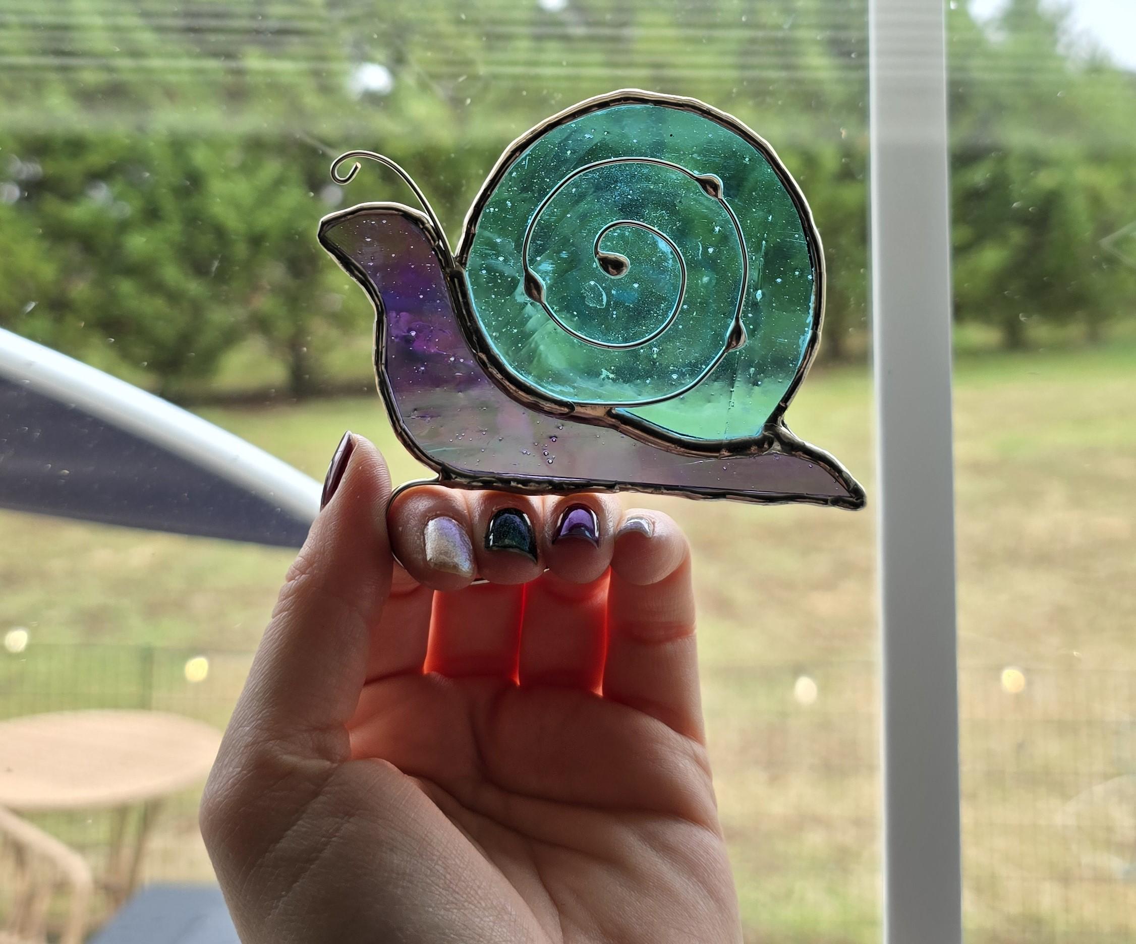 Handcrafted Stained Glass Snail Plant Charm for Indoor Plant Pot - blue/purple