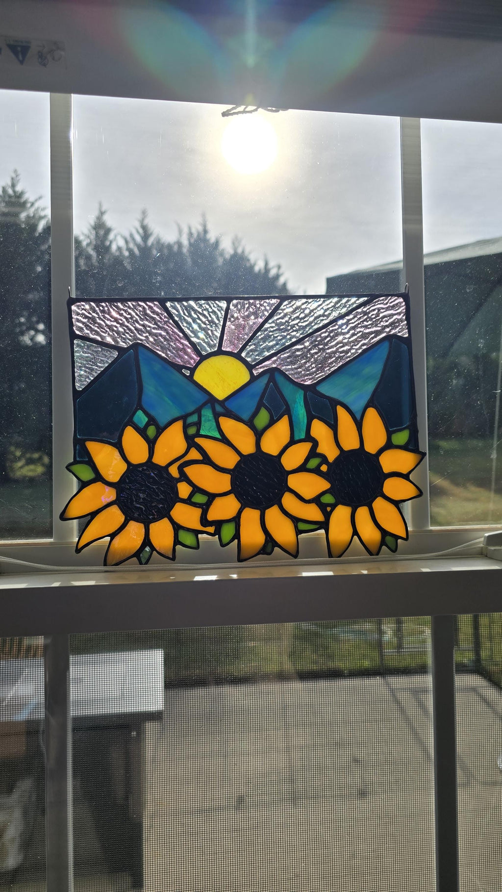 Handcrafted Stained Glass Suncatcher Sunflowers and Mountains Made to Order