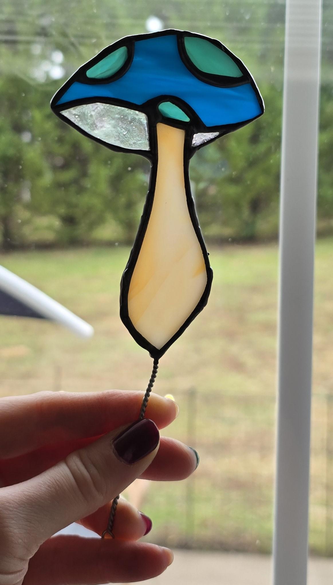 Handcrafted Stained Glass Plant Charm Mushroom - blue/green/orange