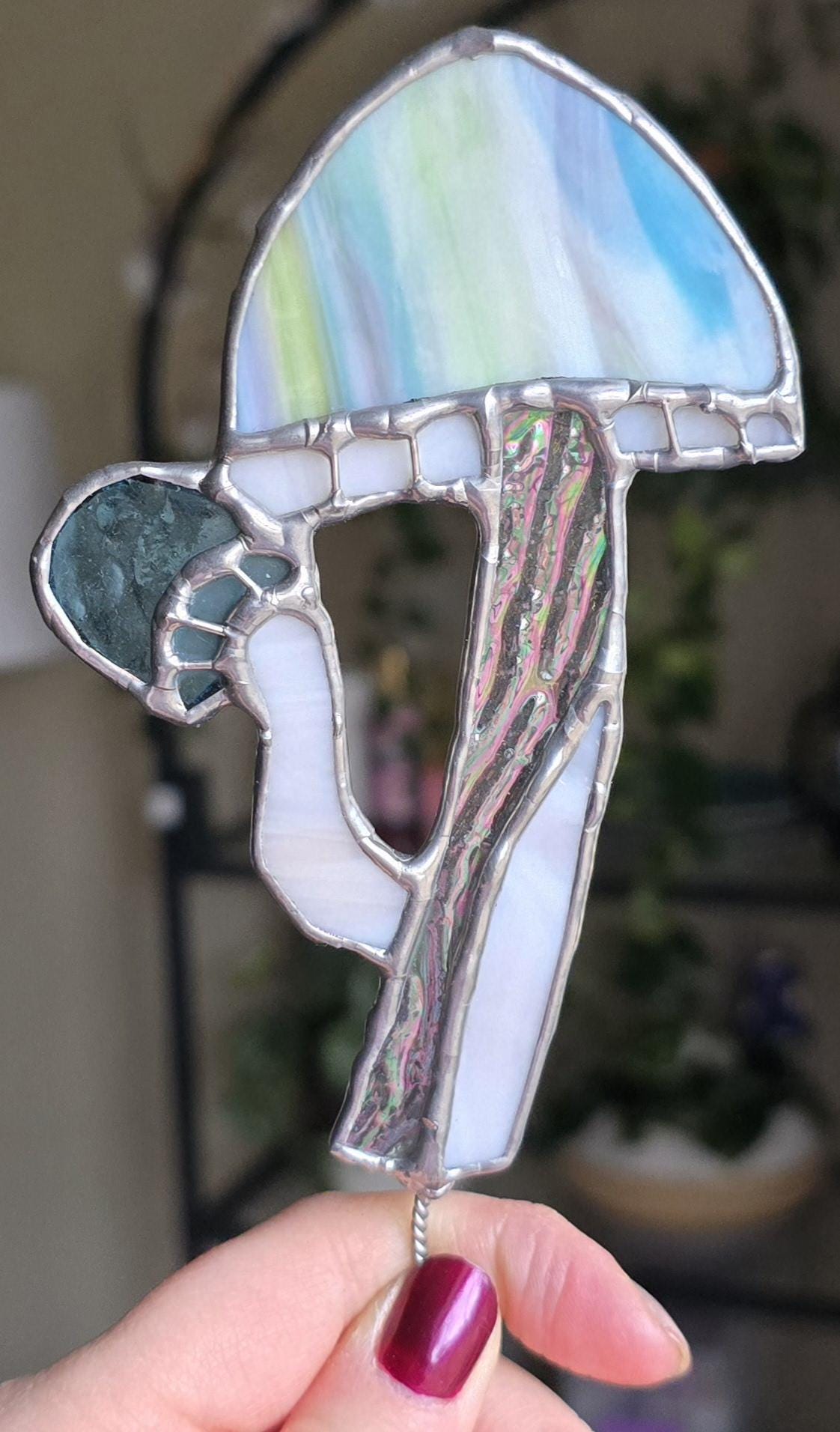 Handcrafted Stained Glass Plant Charm Mushroom - pastel/clear