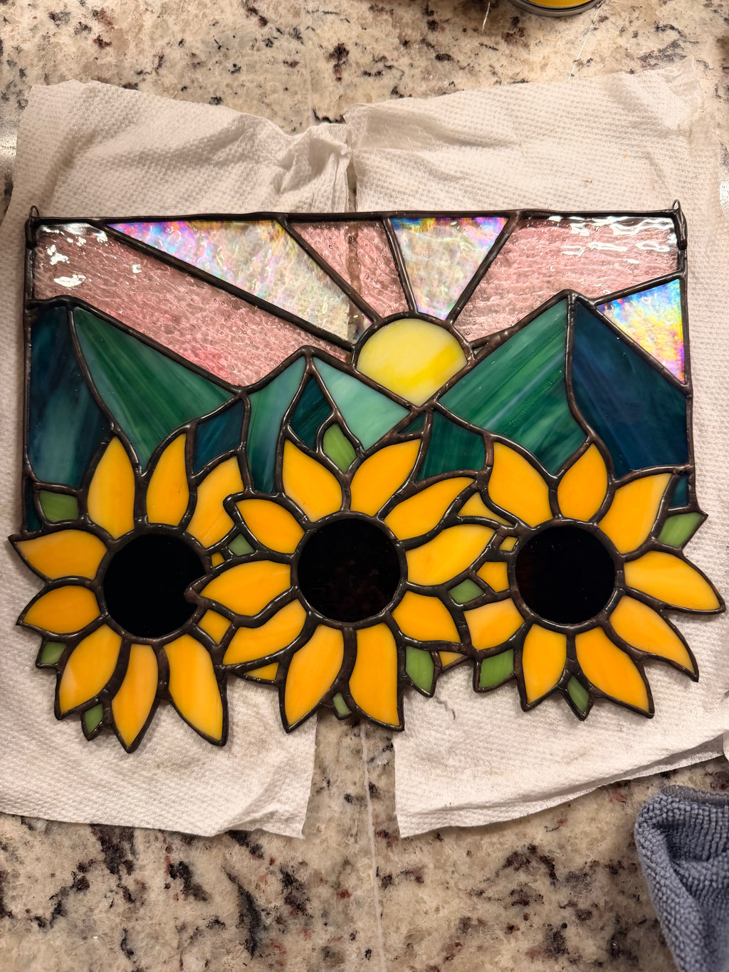 Handcrafted Stained Glass Suncatcher Sunflowers and Mountains Made to Order
