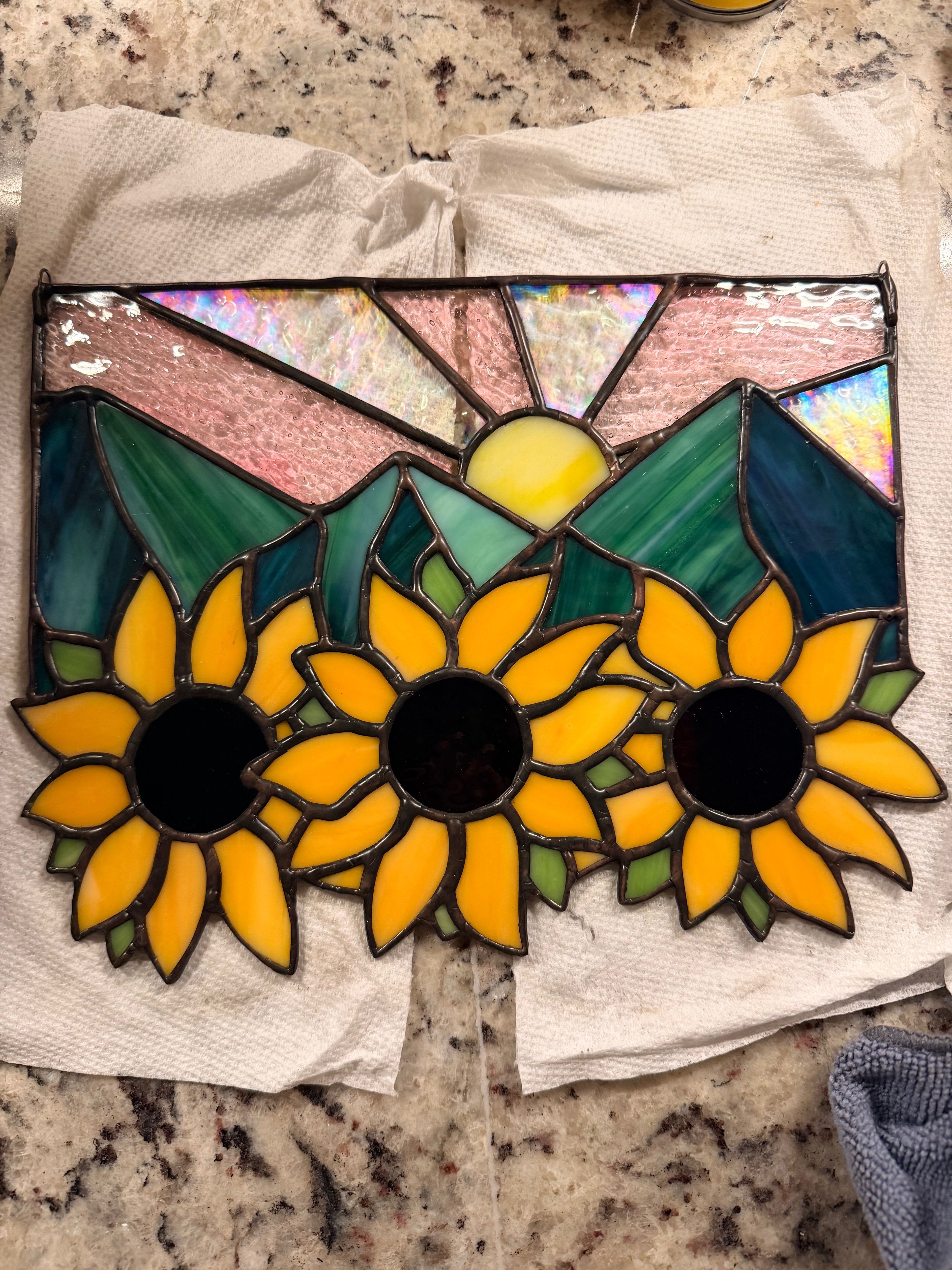Handcrafted Stained Glass Suncatcher Sunflowers and Mountains Made to Order