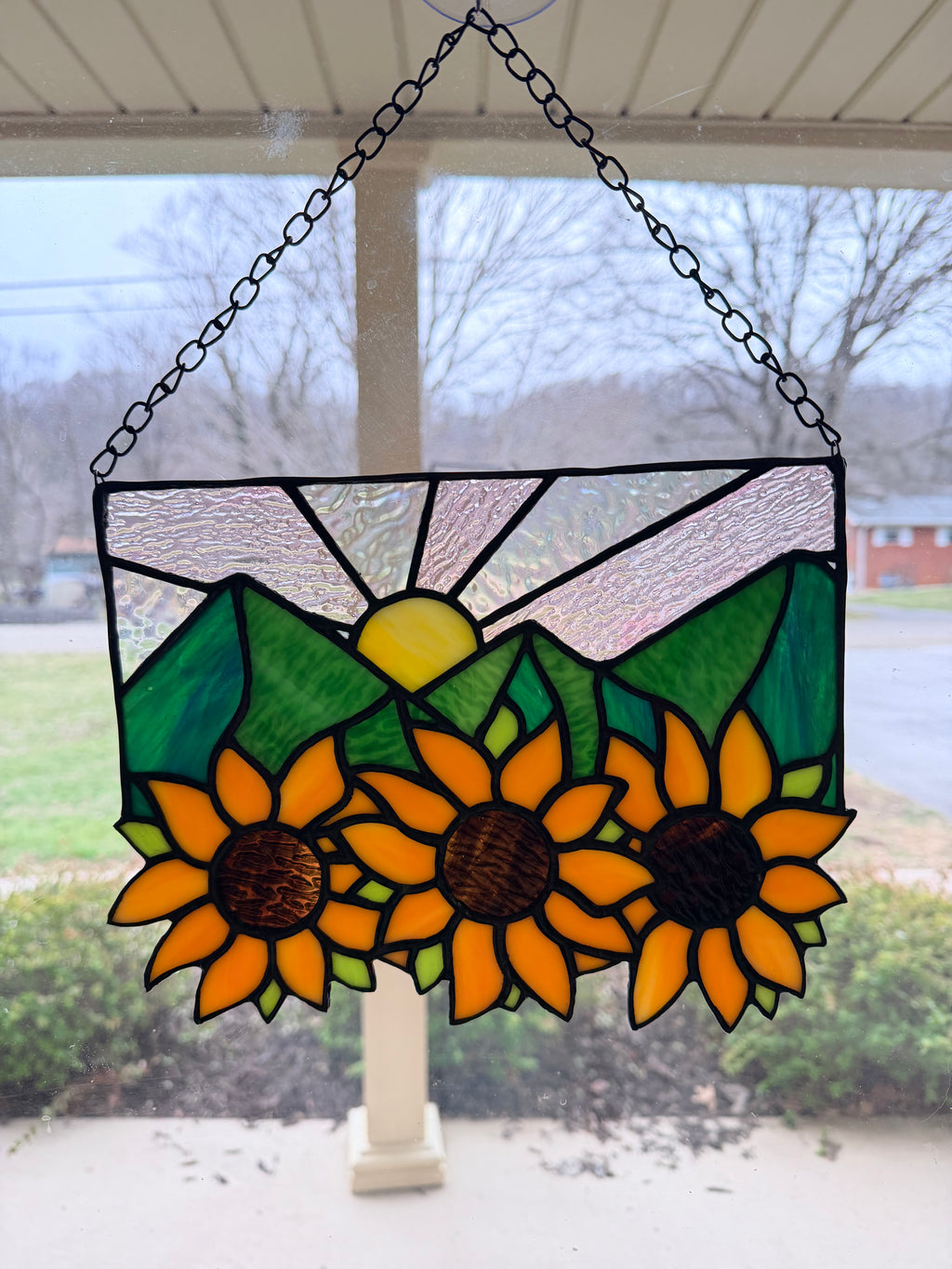 Handcrafted Stained Glass Suncatcher Sunflowers and Mountains Made to Order