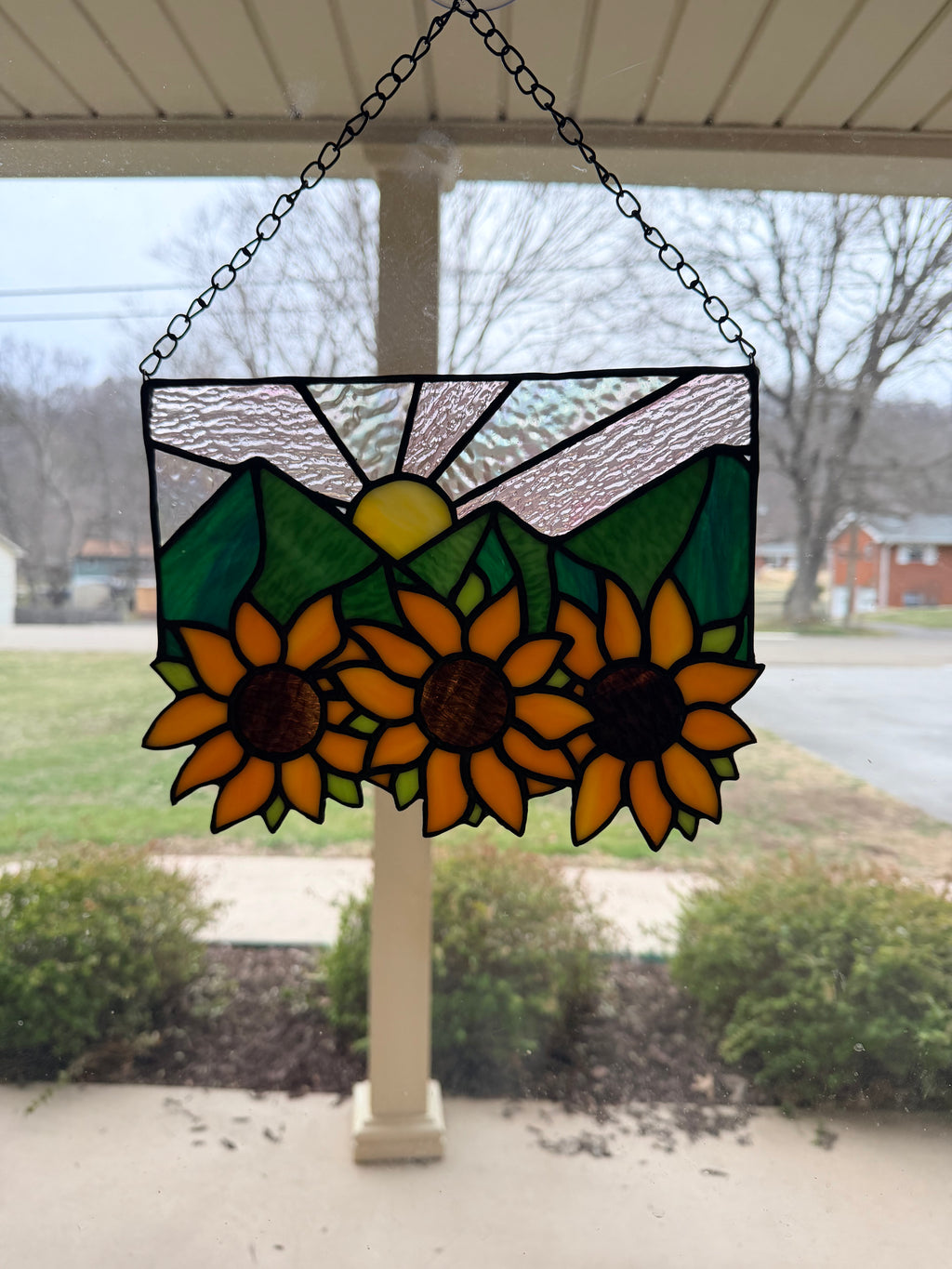 Handcrafted Stained Glass Suncatcher Sunflowers and Mountains Made to Order