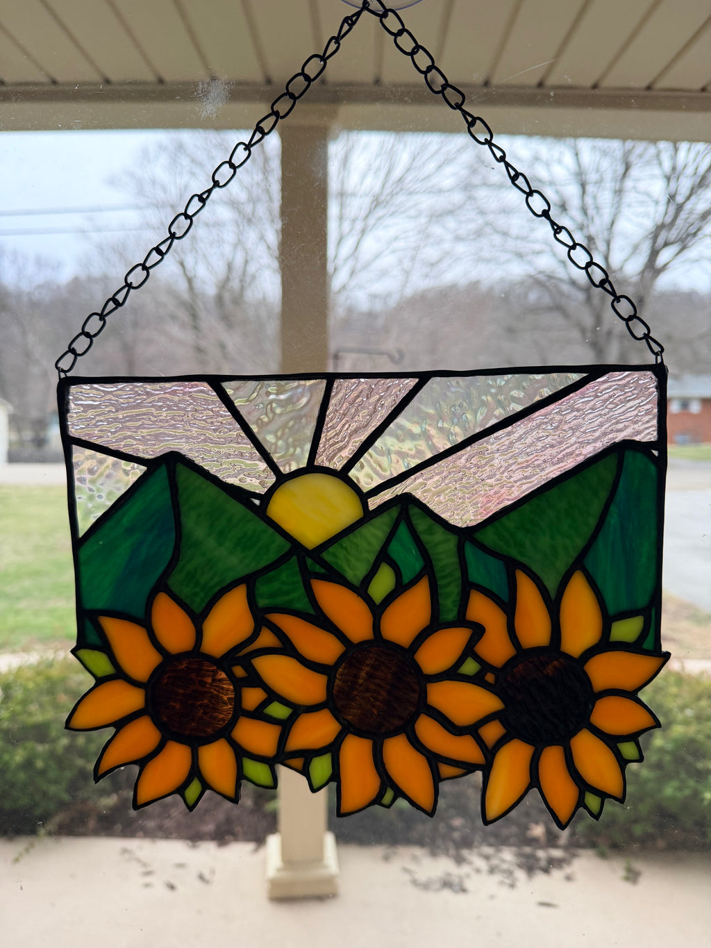 Handcrafted Stained Glass Suncatcher Sunflowers and Mountains Made to Order