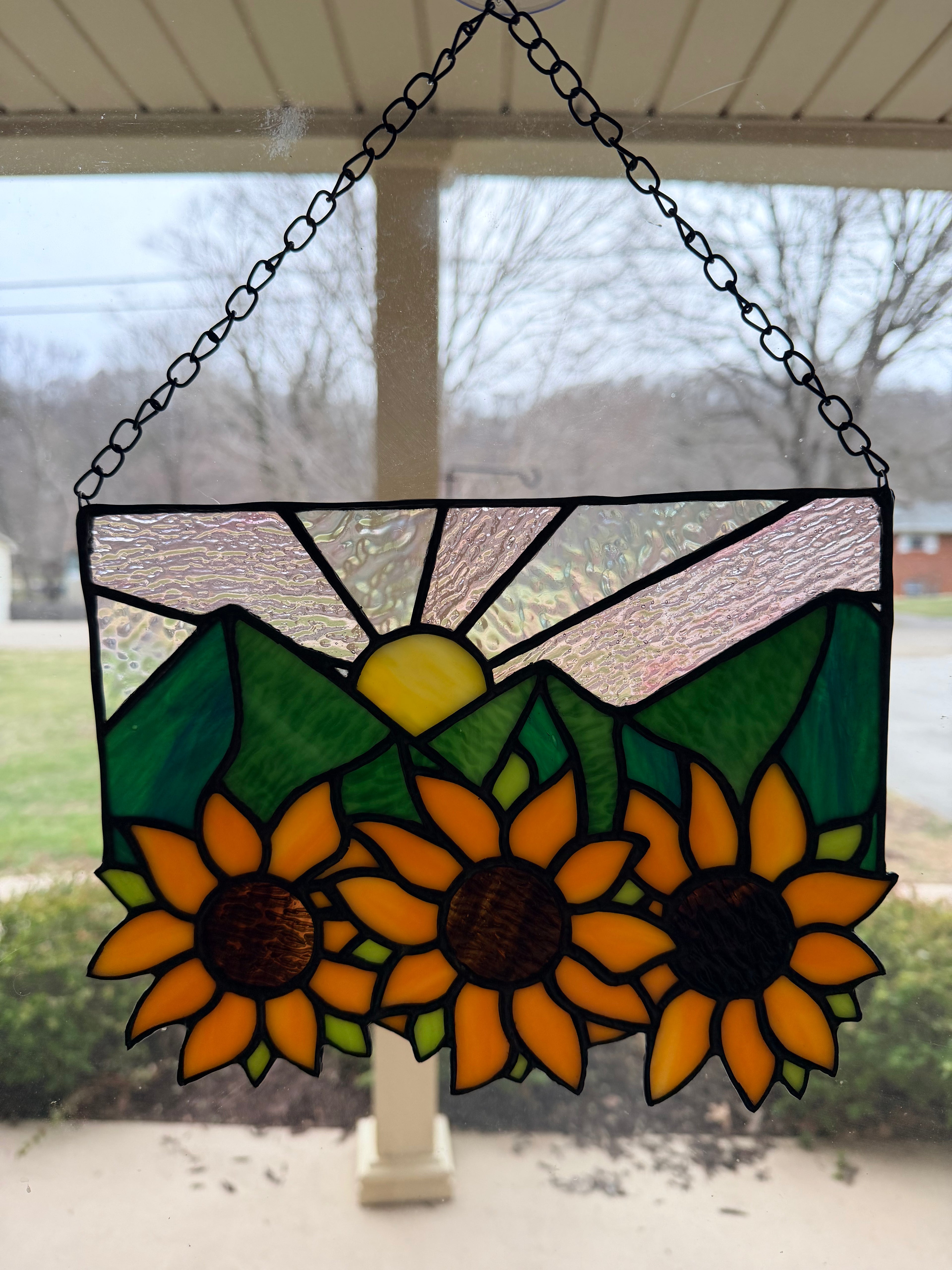 Handcrafted Stained Glass Suncatcher Sunflowers and Mountains Made to Order
