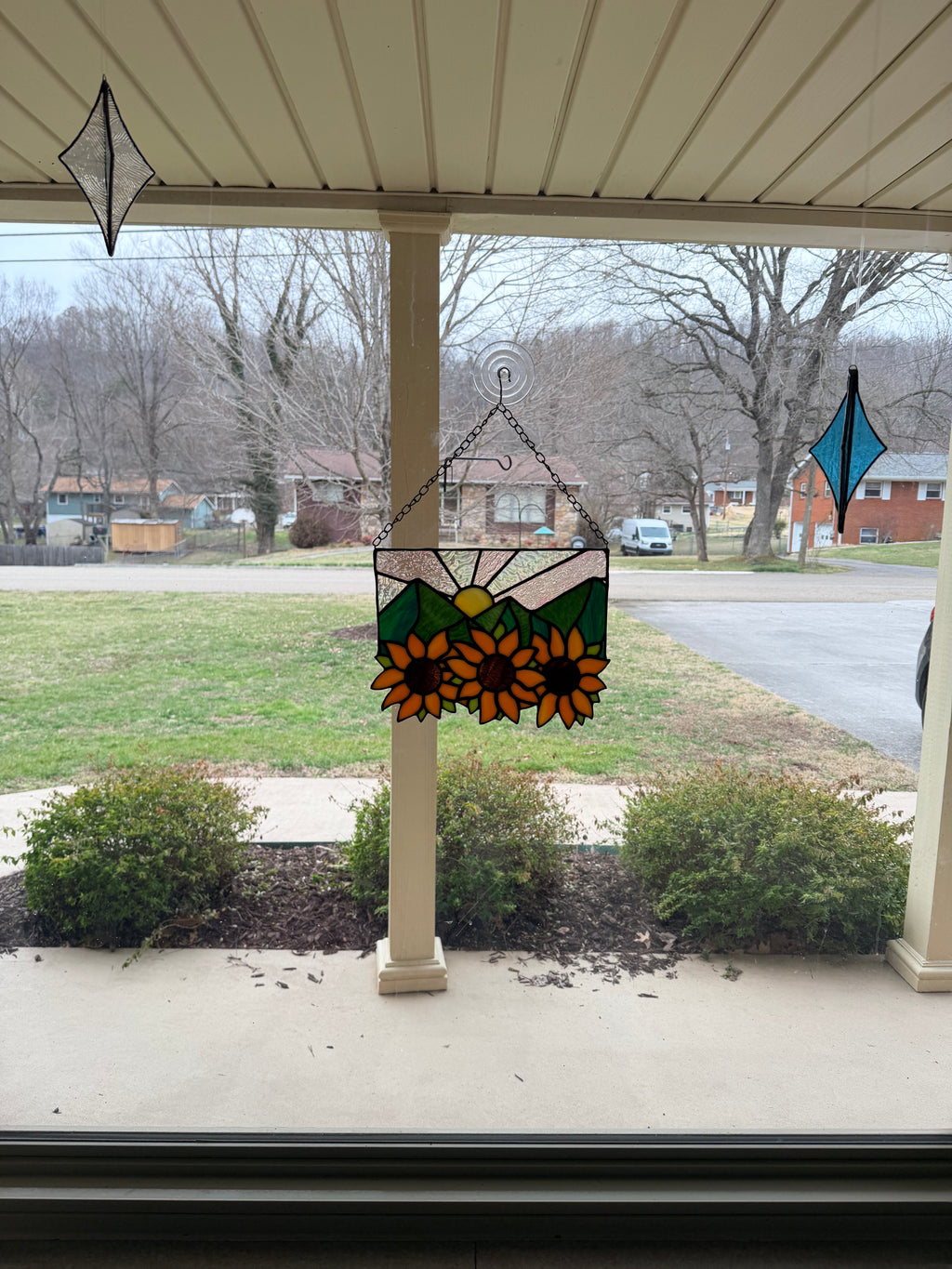 Handcrafted Stained Glass Suncatcher Sunflowers and Mountains Made to Order