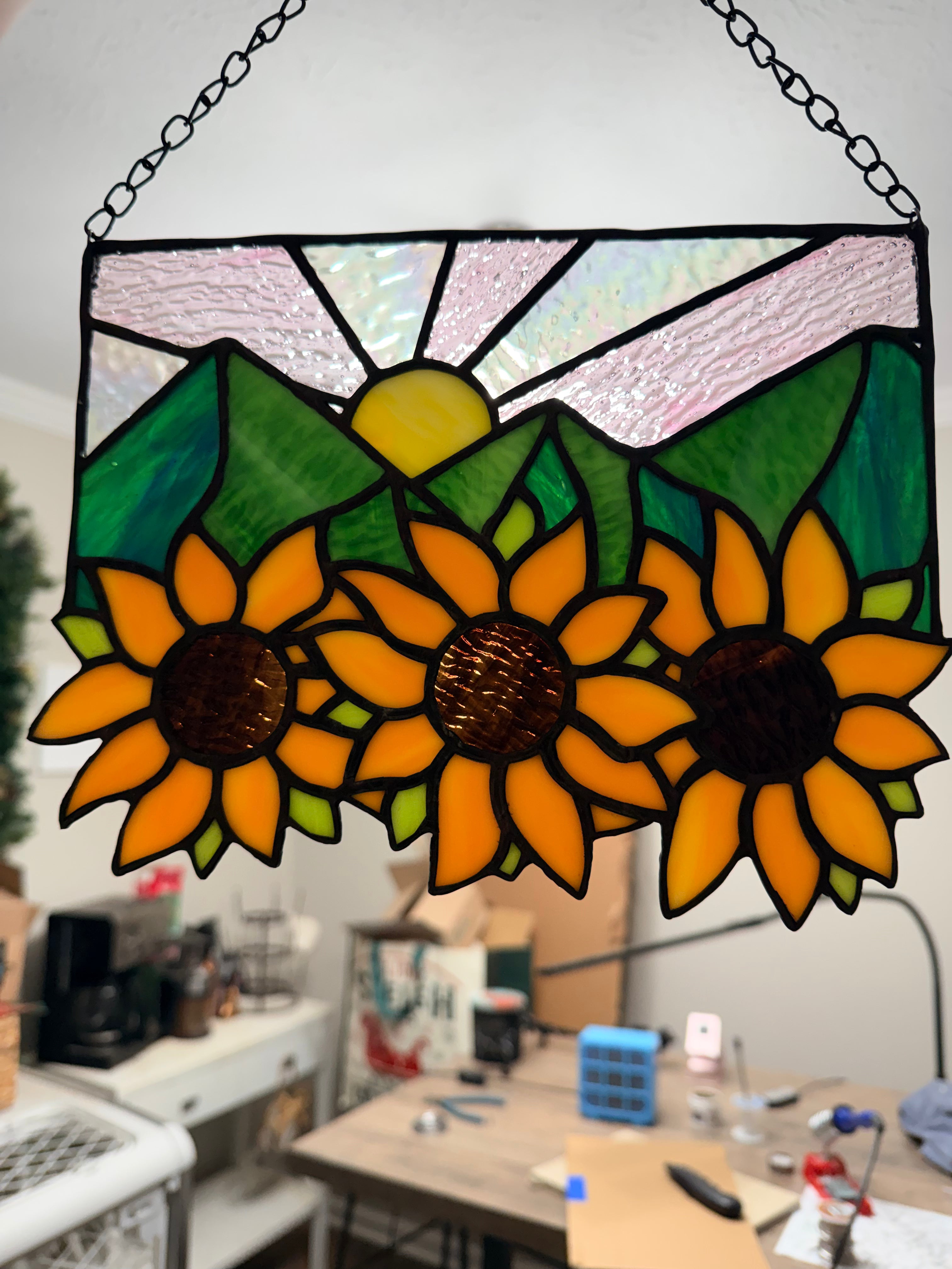 Handcrafted Stained Glass Suncatcher Sunflowers and Mountains Made to Order