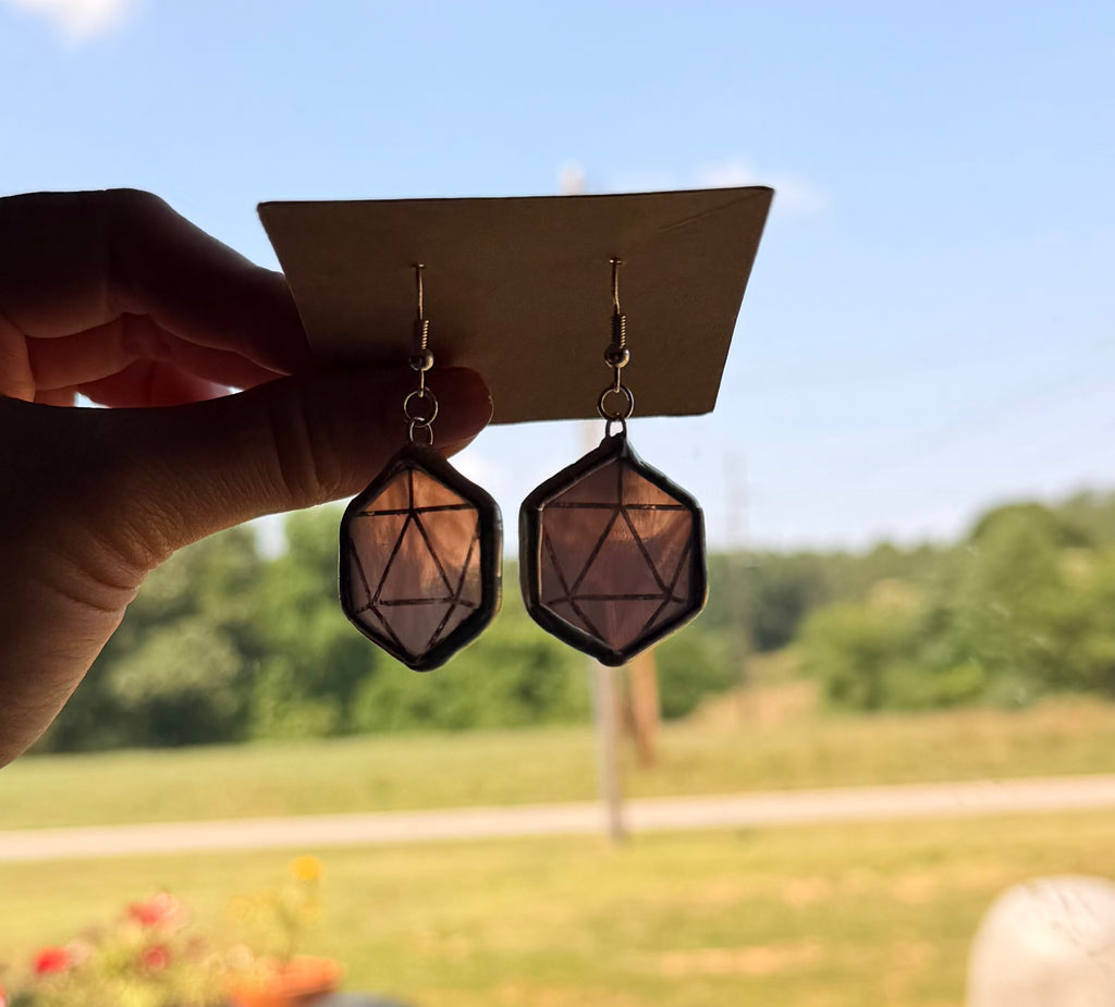 Stained Glass D20 Earrings Purple and Wispy White