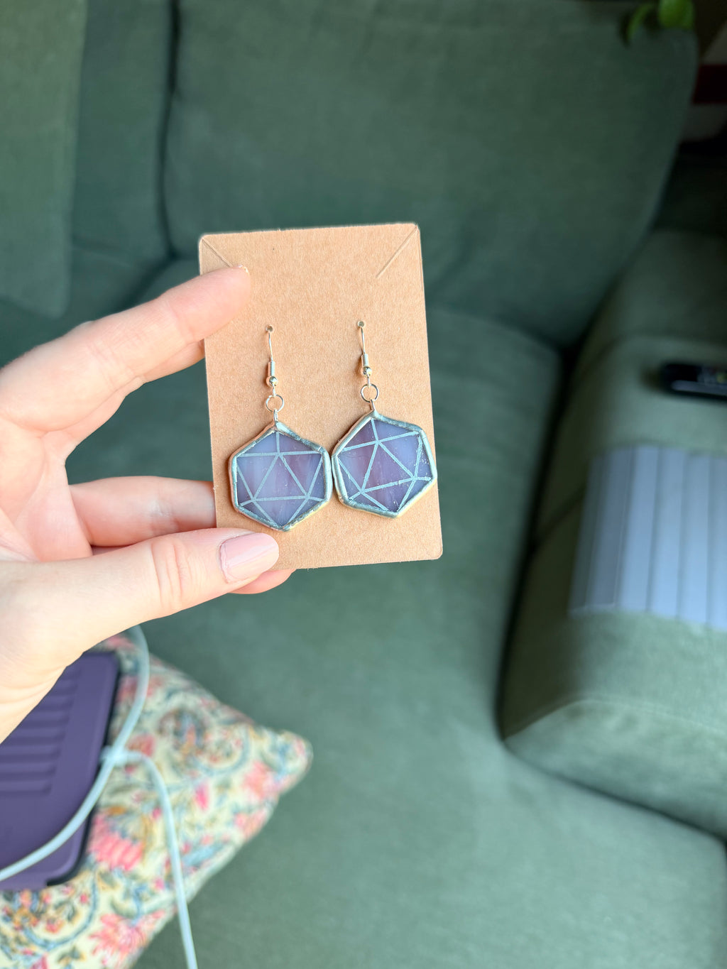 Stained Glass D20 Earrings Warm Purple