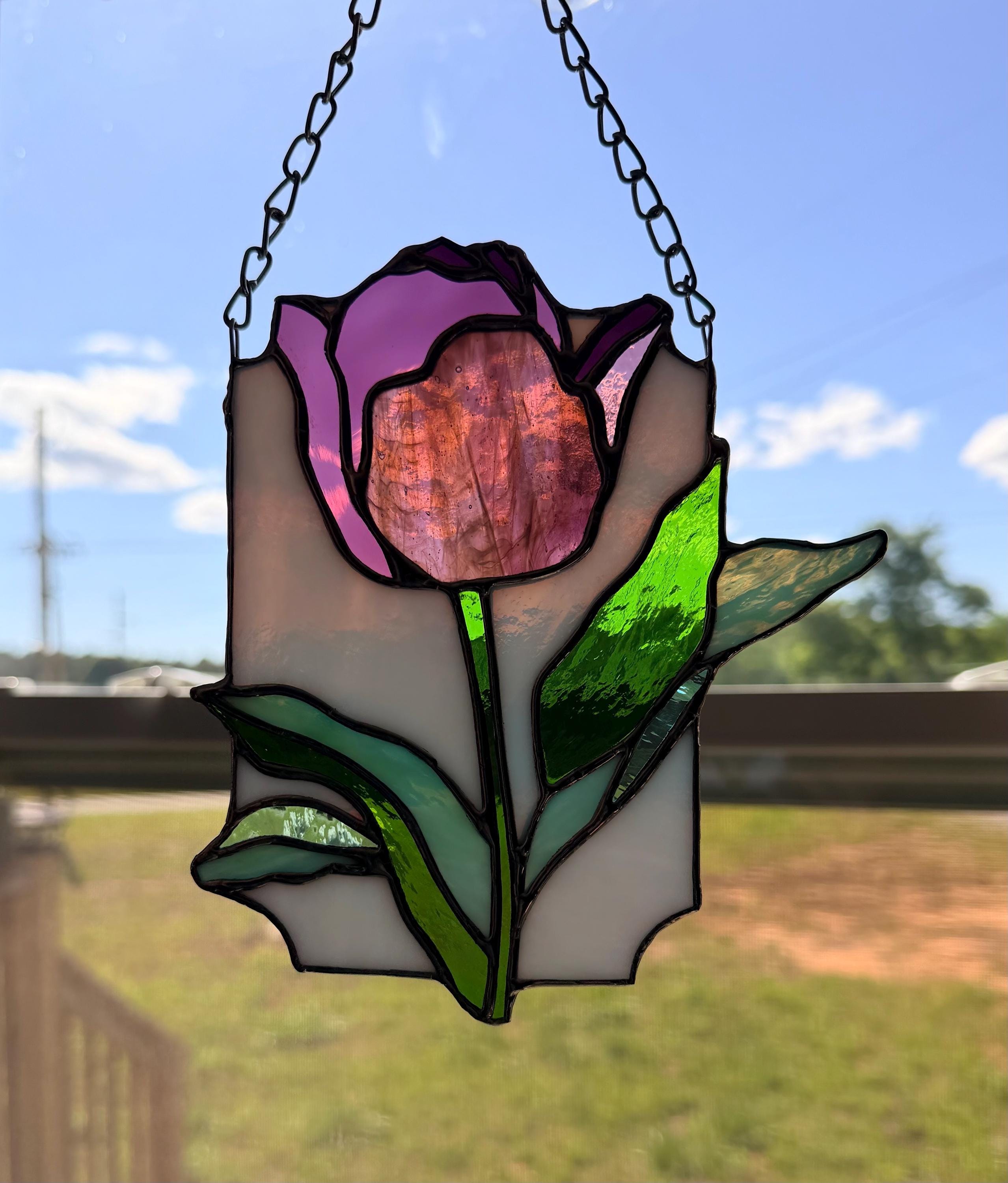 Handcrafted Stained Glass Tulip Suncatcher - colors will vary