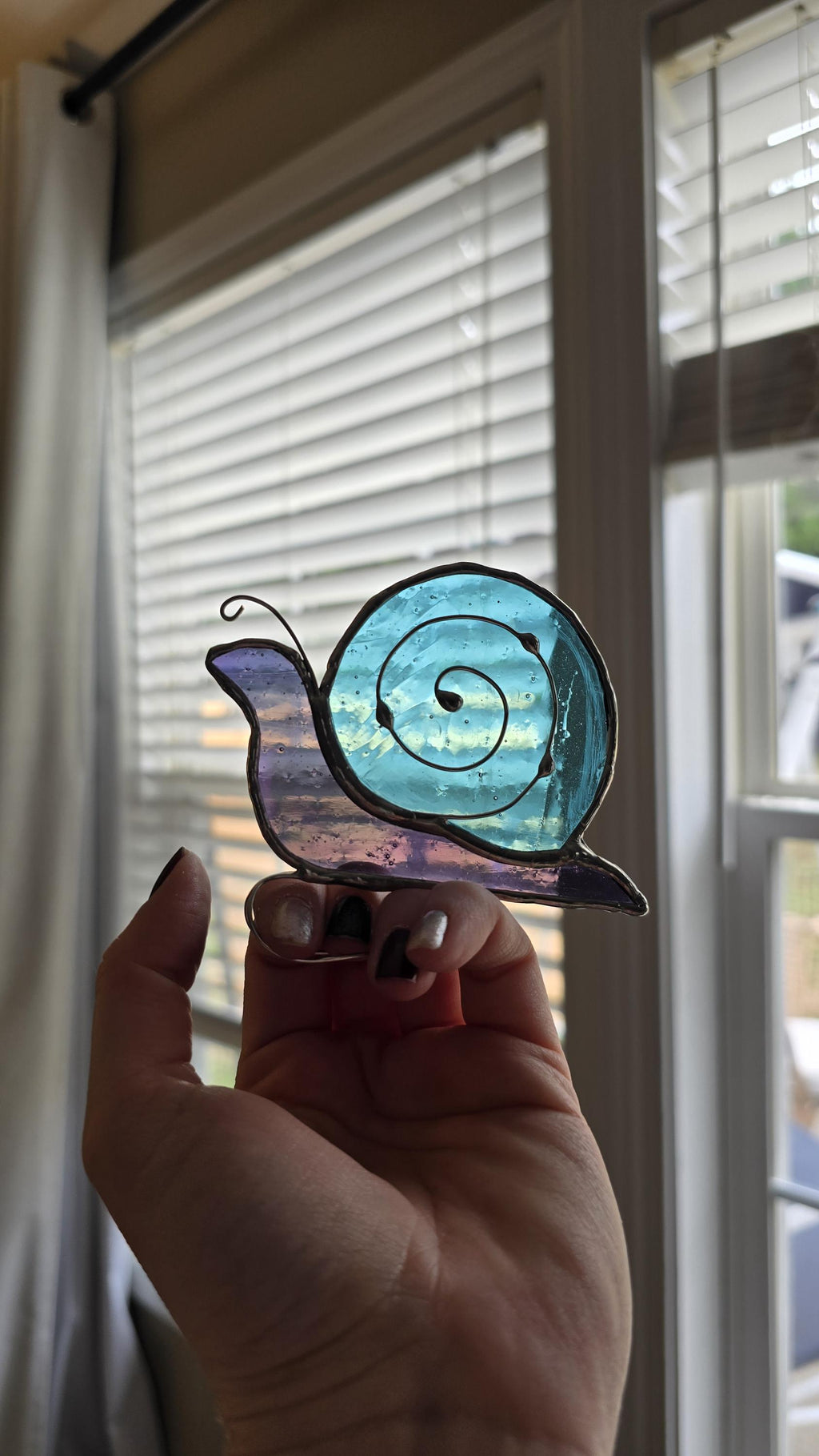 Handcrafted Stained Glass Snail Plant Charm for Indoor Plant Pot - blue/purple