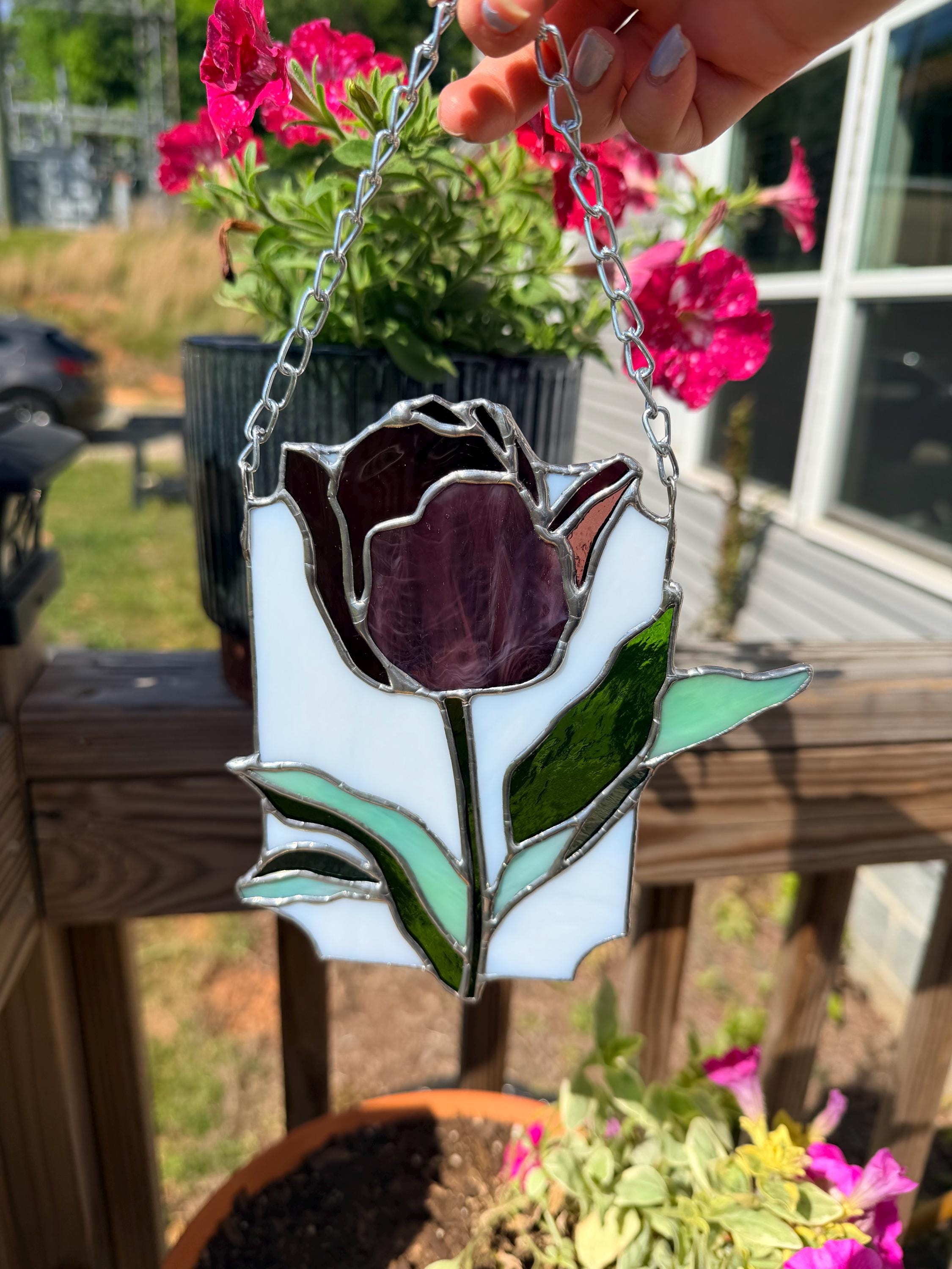 Handcrafted Stained Glass Tulip Suncatcher - colors will vary