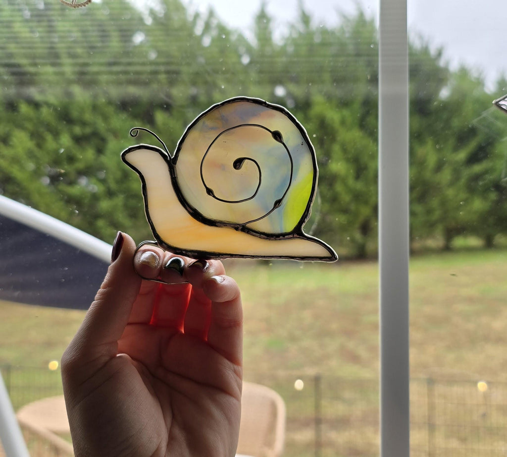 Handcrafted Stained Glass Snail Plant Charm for Indoor Plant Pot - pastel/orange
